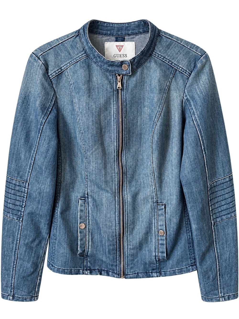 GUESS Women’s XL Blue Denim Moto Jacket Quilted Sleeve Biker Style Y2K Snaps
